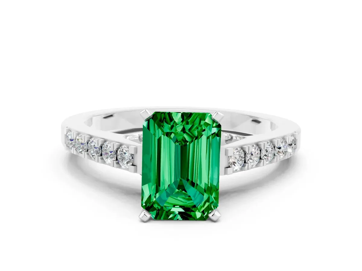 Emerald Cut Emerald Solitaire Ring with Crossover Gallery and Round Pavé Band Silver