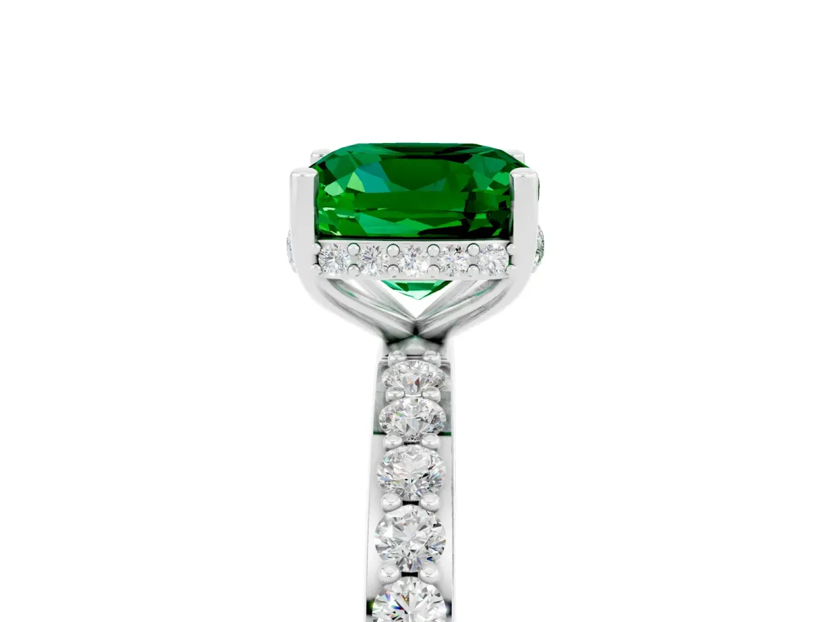 Cushion Cut Emerald Solitaire Ring with Pavé Band and Hidden Halo Silver