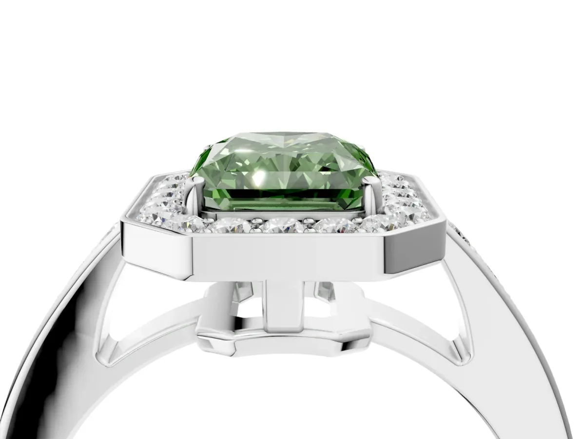 Fancy Green Radiant Cut Halo Pavé Diamond Engagement Ring with Bezel Setting Silver