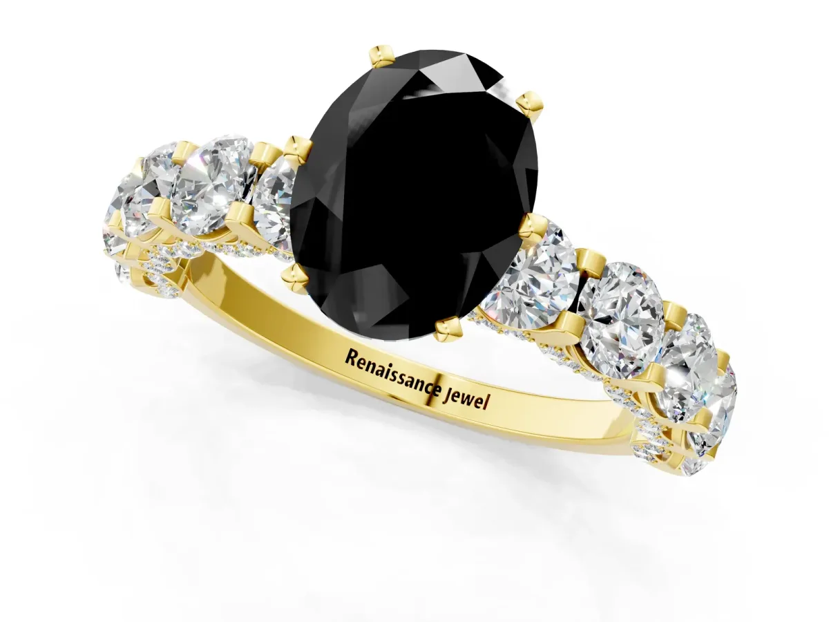 Fancy Black Oval Cut Diamond Side Stone Engagement Ring with Four-Prong Setting Yellow gold