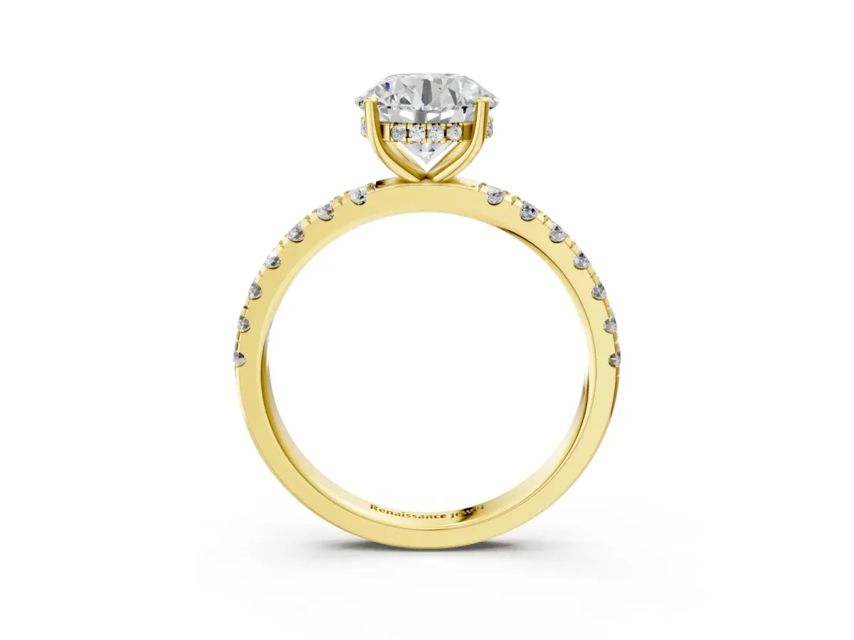 Round Cut Diamond Pave Band Solitaire Ring with Round and Prong Setting Yellow gold