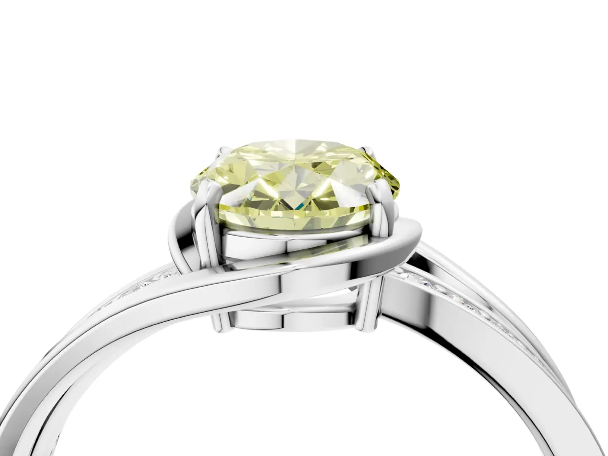 Fancy Yellow Oval Cut Diamond Solitaire Ring with Split Shank and Prong Setting White gold