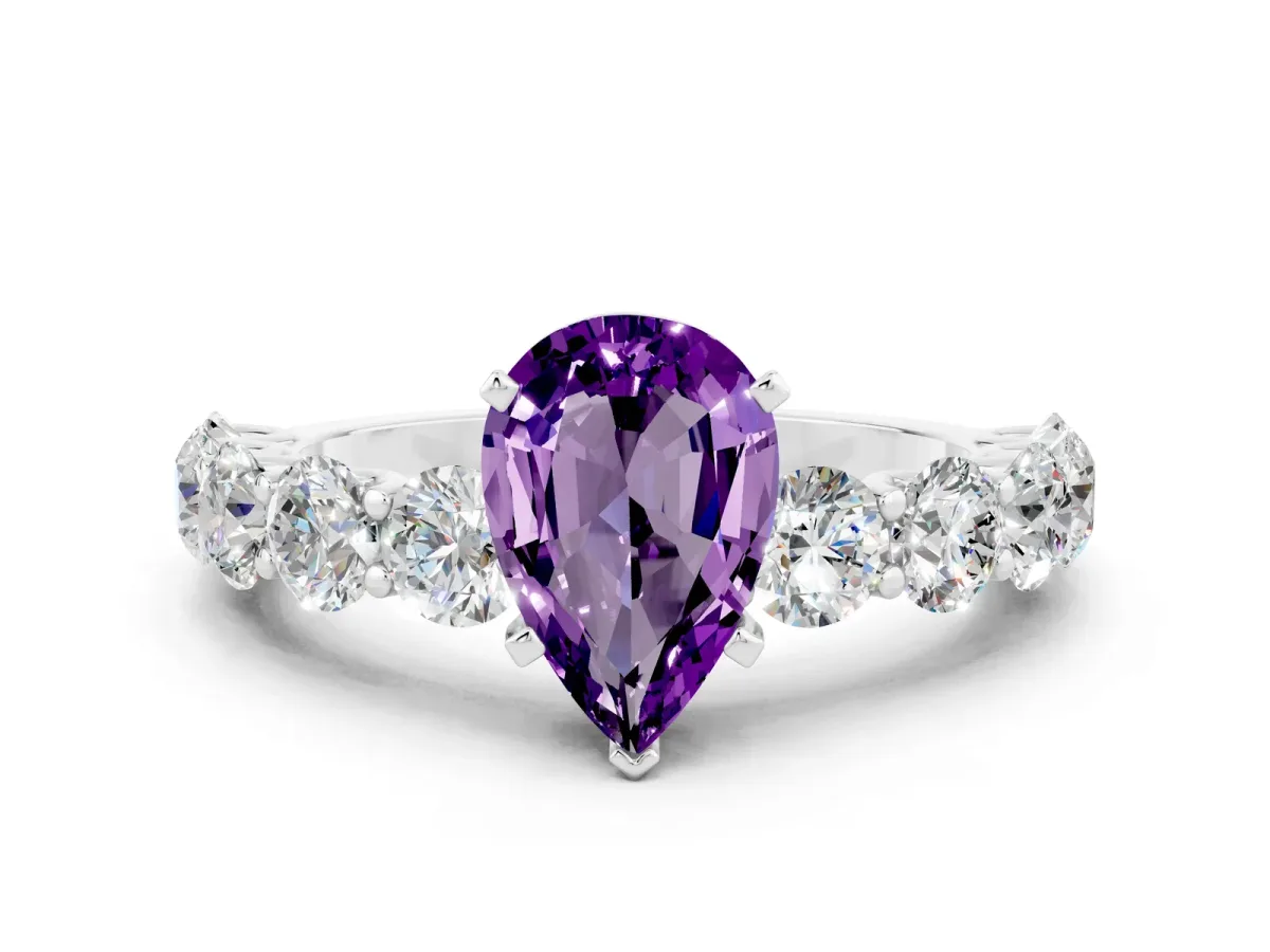 Pear Cut Amethyst Prong Setting with Side Stones on a Pave Band Platinum