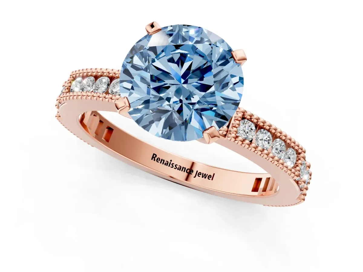 Fancy Blue Round Cut Solitaire with Pavé Band and Four-Prong Setting Rose gold