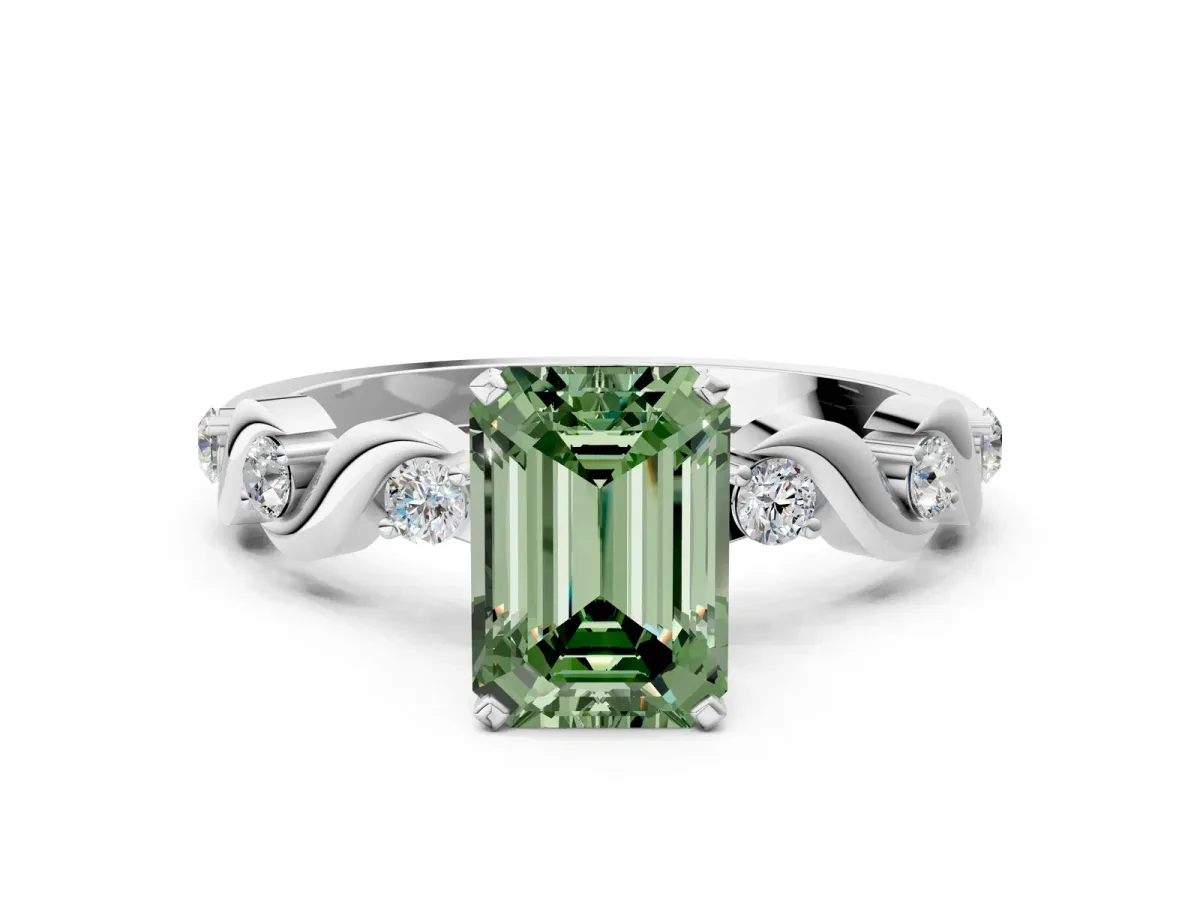 Fancy Green Emerald Cut Diamond Solitaire Twisted Band with Round Accents and Prong Setting Silver
