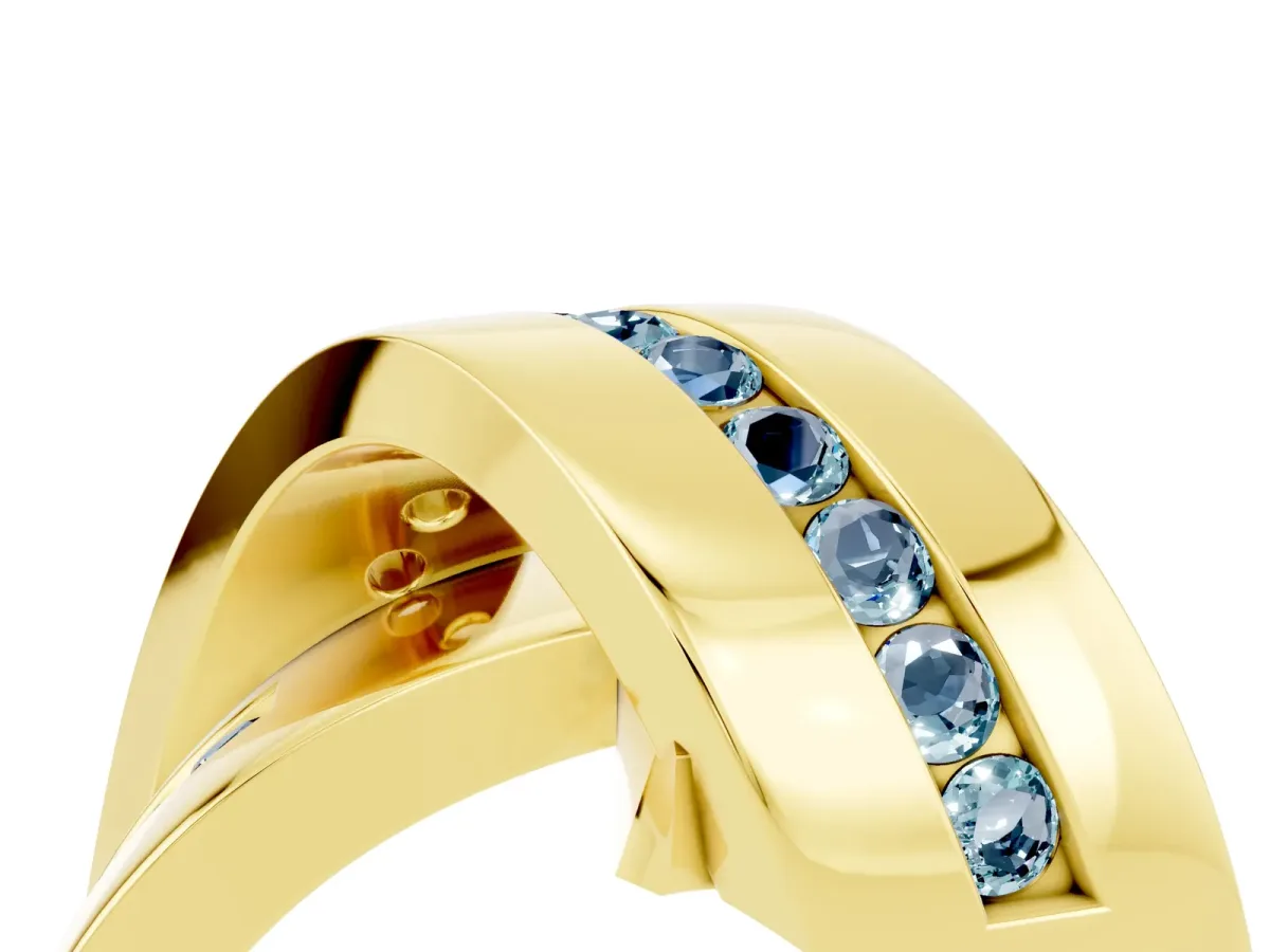 Pavé Round Aquamarine Crossover Band with Channel Setting Yellow gold