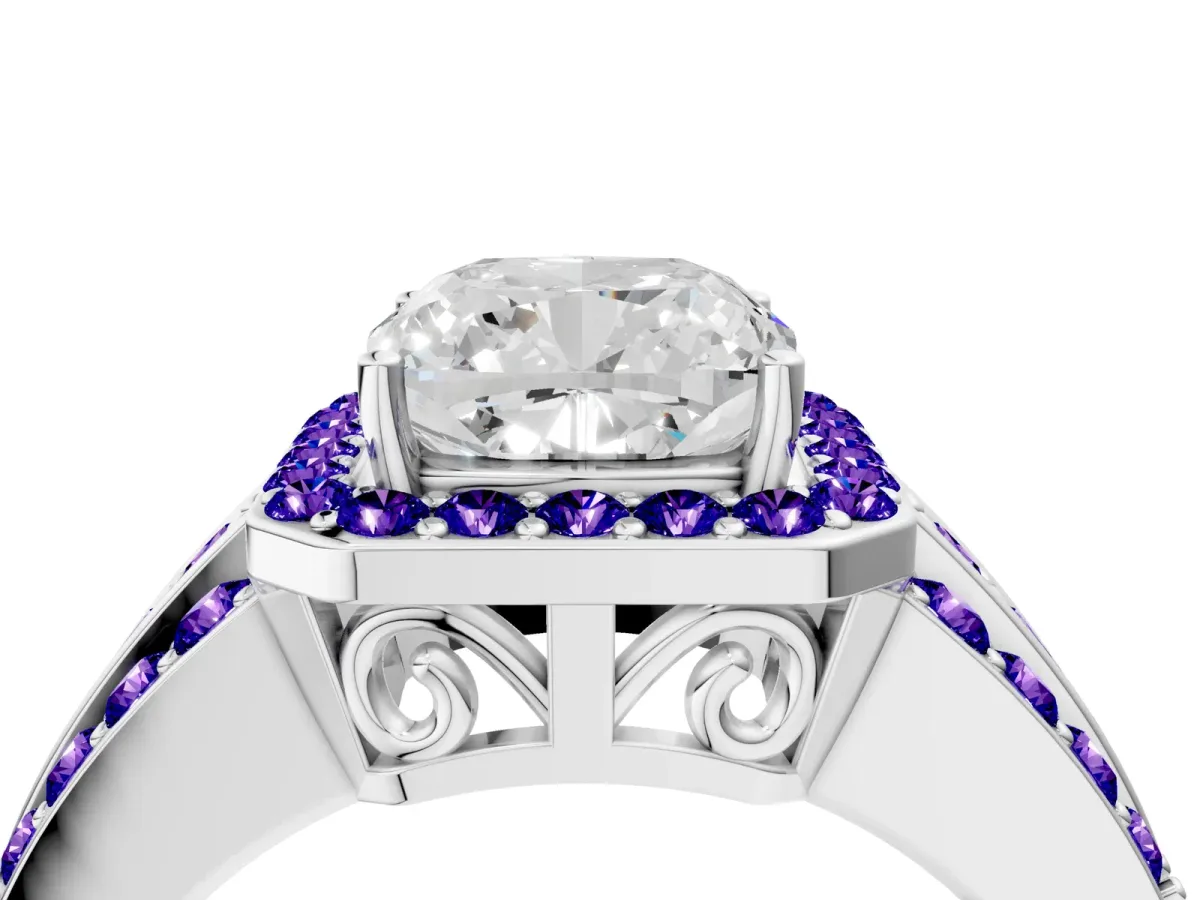 Cushion Cut Halo Diamond Ring with Round Tanzanite Split Shank and Prong Setting Silver