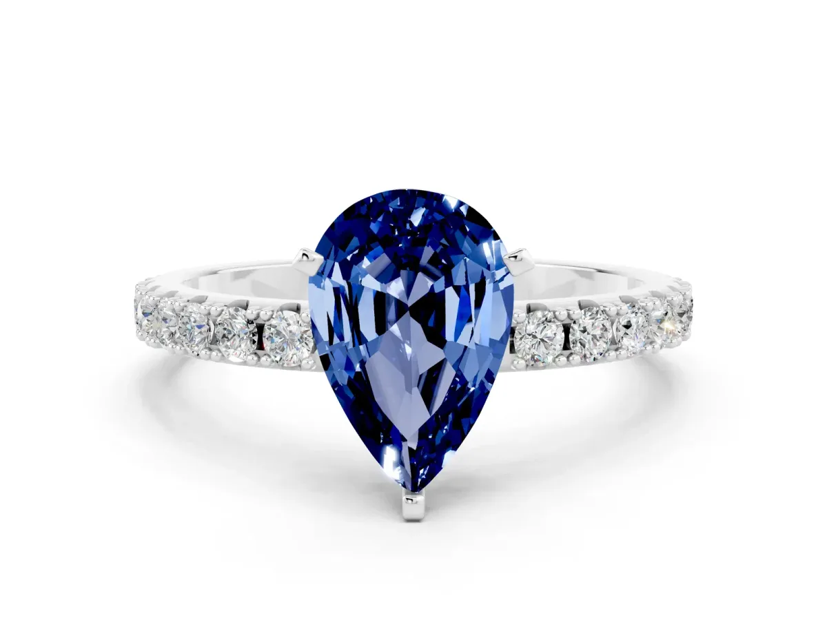 Pear Cut Blue Sapphire Solitaire Pavé Band with Four-Prong Setting Platinum