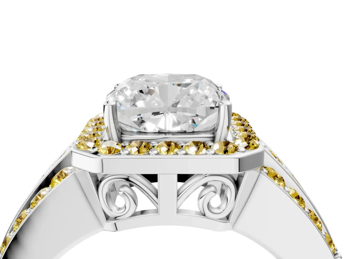 Cushion Cut Halo Diamond Ring with Round Yellow Sapphire Split Shank and Prong Setting Silver