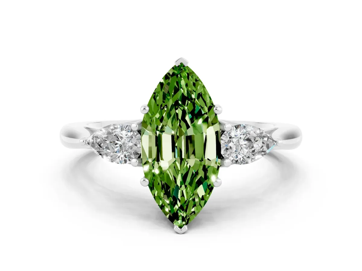 Marquise Cut Peridot Three-Stone Ring with Pear Side Stones and Prong Setting White gold