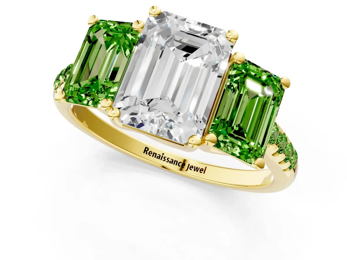 Three-Stone Emerald Cut Diamond Ring with Round Peridot Pavé Band and Prong Setting Yellow gold