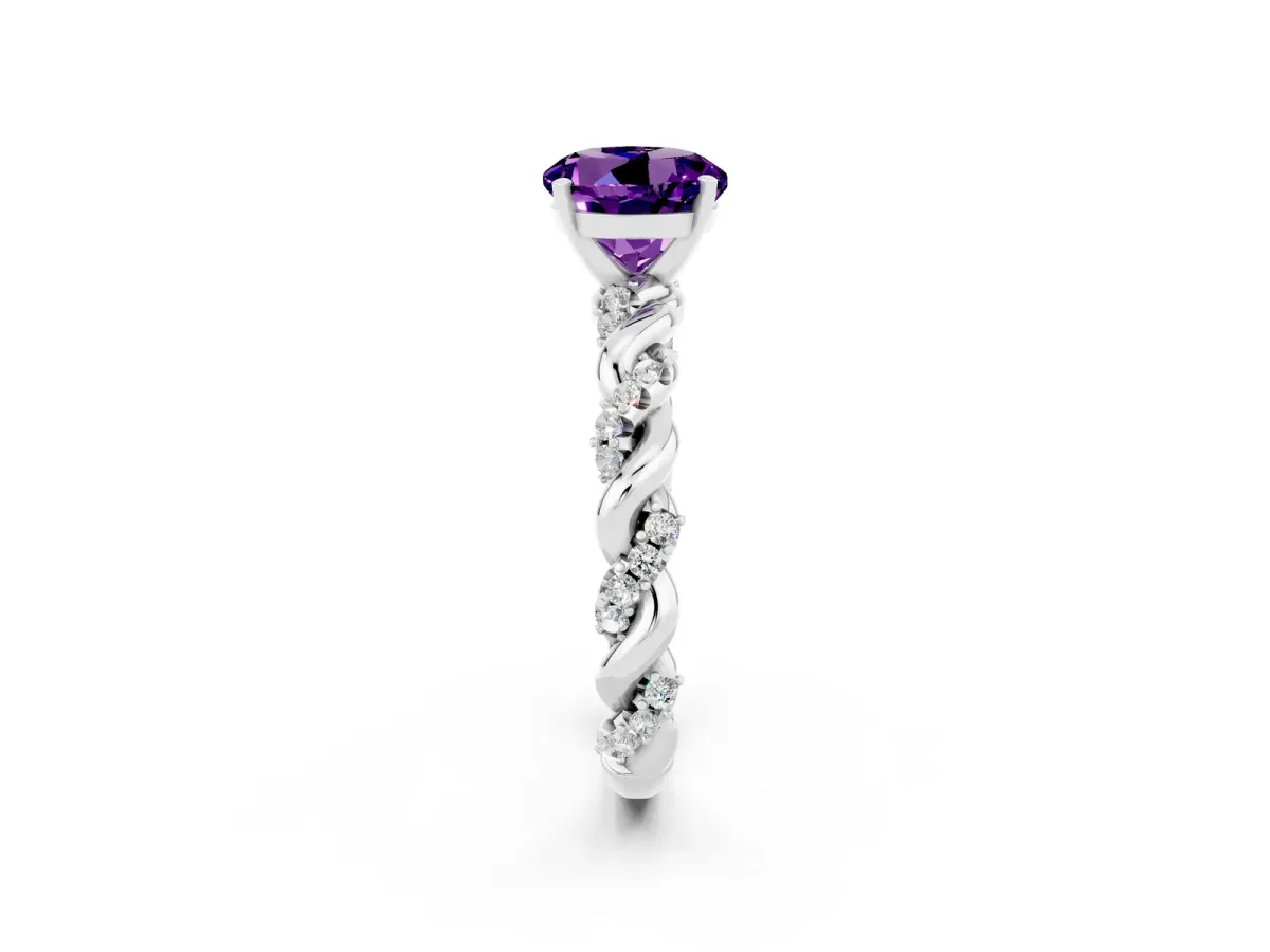 Round Cut Amethyst Solitaire Ring with Twisted Band and Pavé Accents Silver