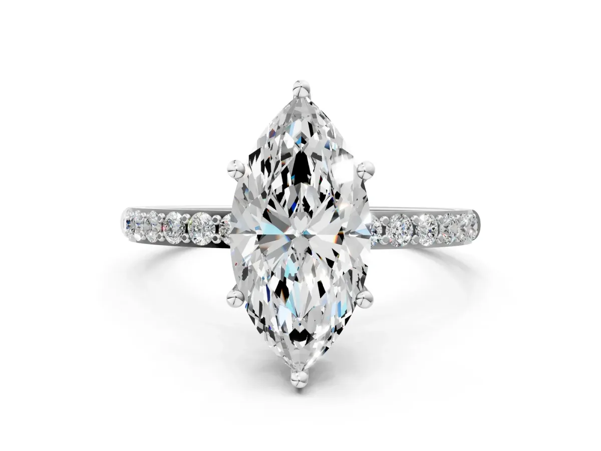Marquise Cut Diamond Solitaire Ring with Round Pavé Shoulders and Prong Setting White gold