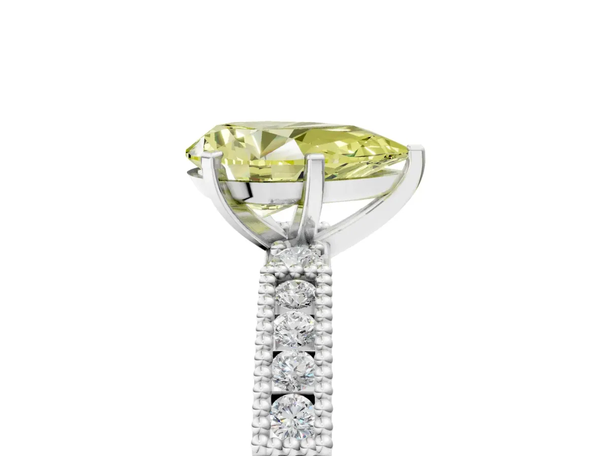 Fancy Yellow Pear Cut Solitaire with Pavé Band and Four-Prong Setting Platinum