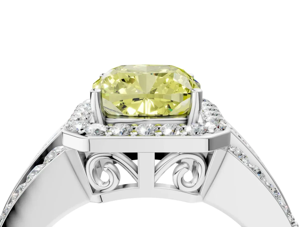 Fancy Yellow Cushion Cut Halo Diamond Ring with Round Split Shank and Prong Setting Silver