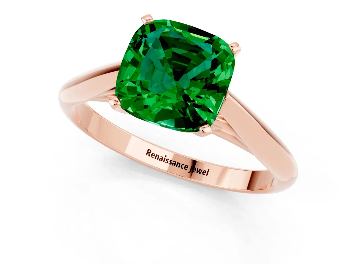 Cushion Cut Emerald Solitaire Engagement Ring with Cathedral Setting and Four-Prong Mount Rose gold