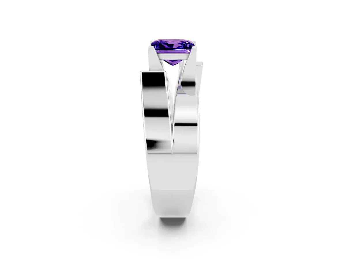 Modern Tension Set Princess Cut Tanzanite Solitaire Wide Band Ring Silver