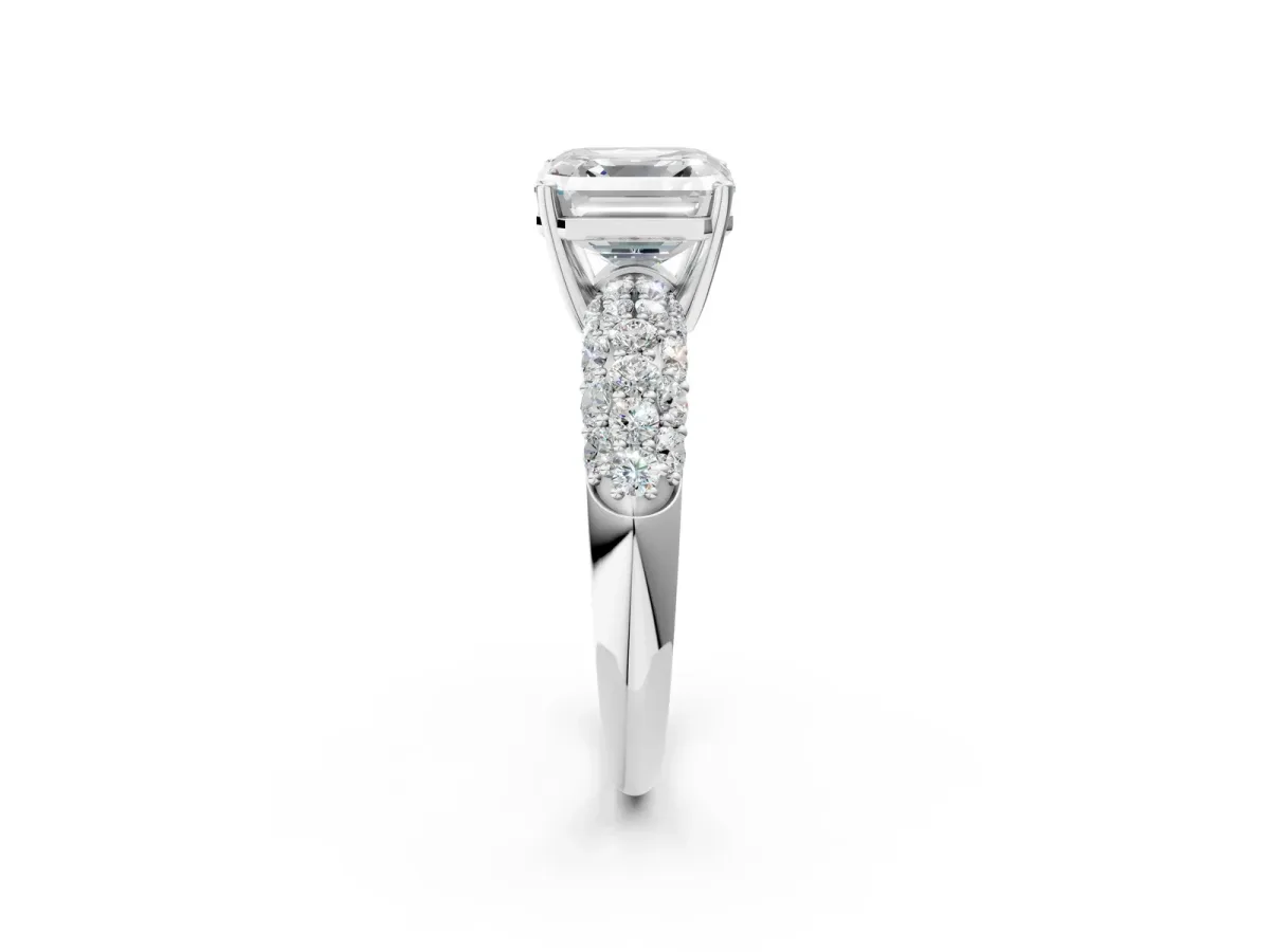 Asscher Cut Diamond Pavé Band Solitaire Ring with Four-Prong Setting Platinum