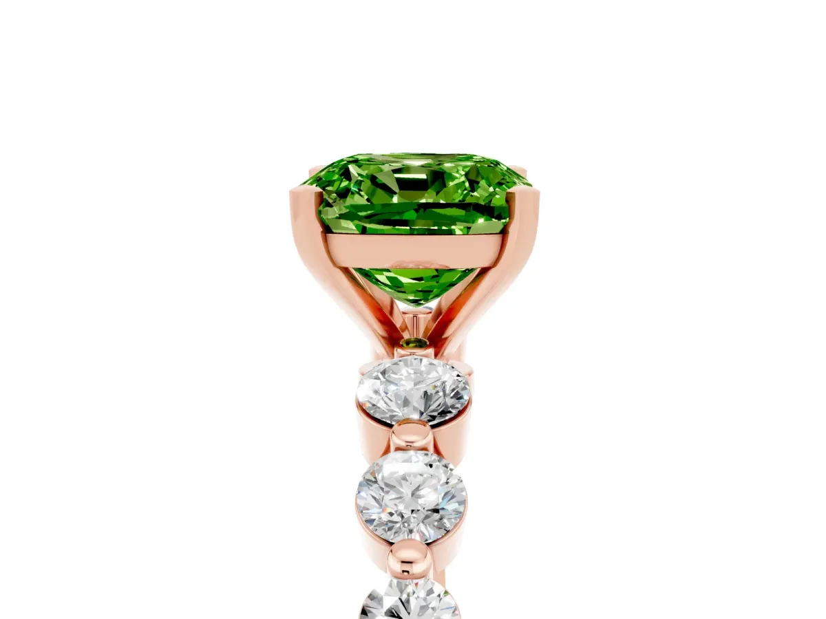 Cushion Cut Solitaire Peridot Ring with Pave Band and Four-Prong Setting Rose gold