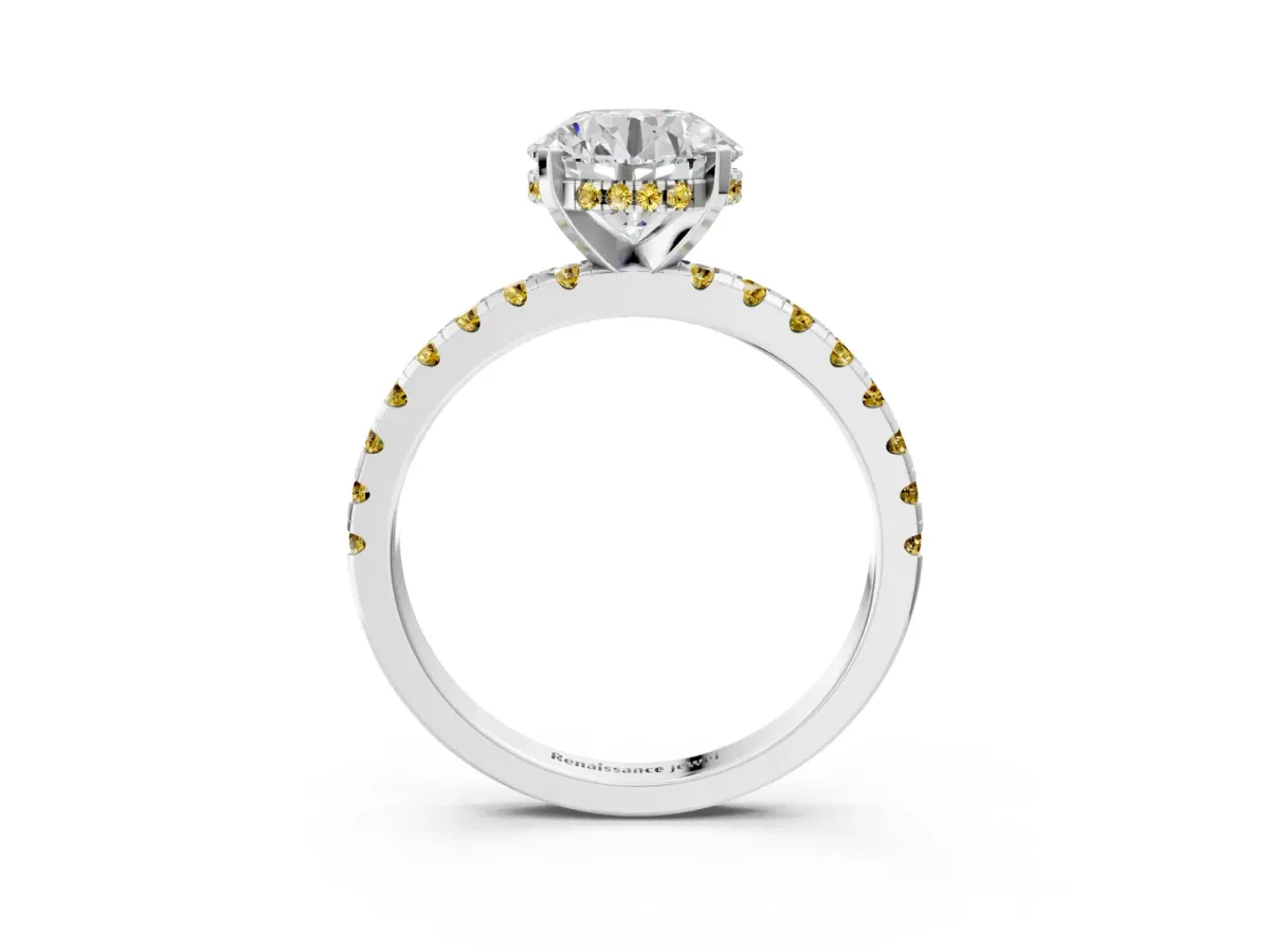 Round Cut Diamond Solitaire Ring with Round Tanzanite Pavé Band and Four-Prong Setting Silver