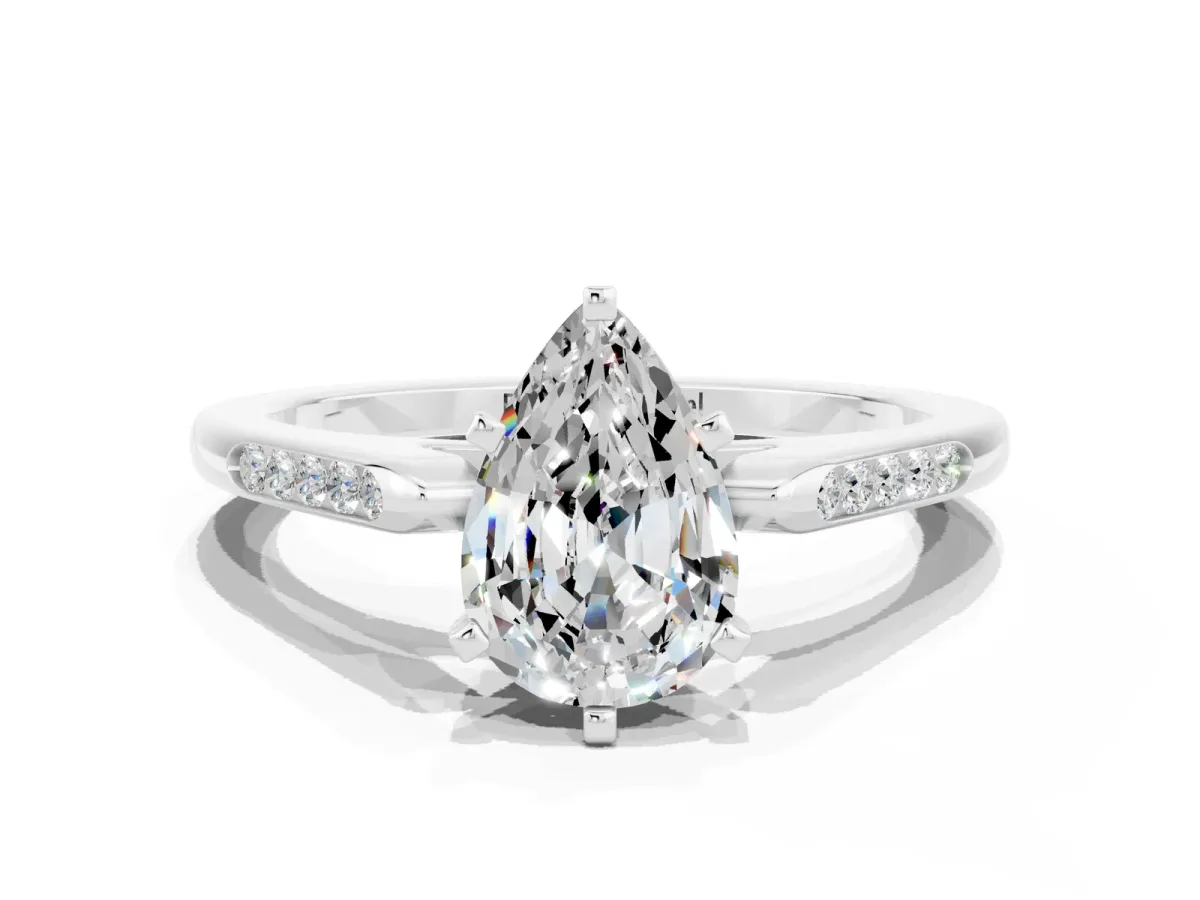 Pear Cut Moissanite Solitaire Ring with Channel Set Round Band and Prong Setting Silver