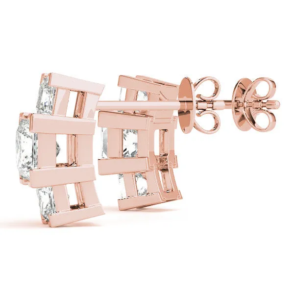 Three-Stone Princess Cut Channel Set Earrings with Bar Prong Setting Rose gold