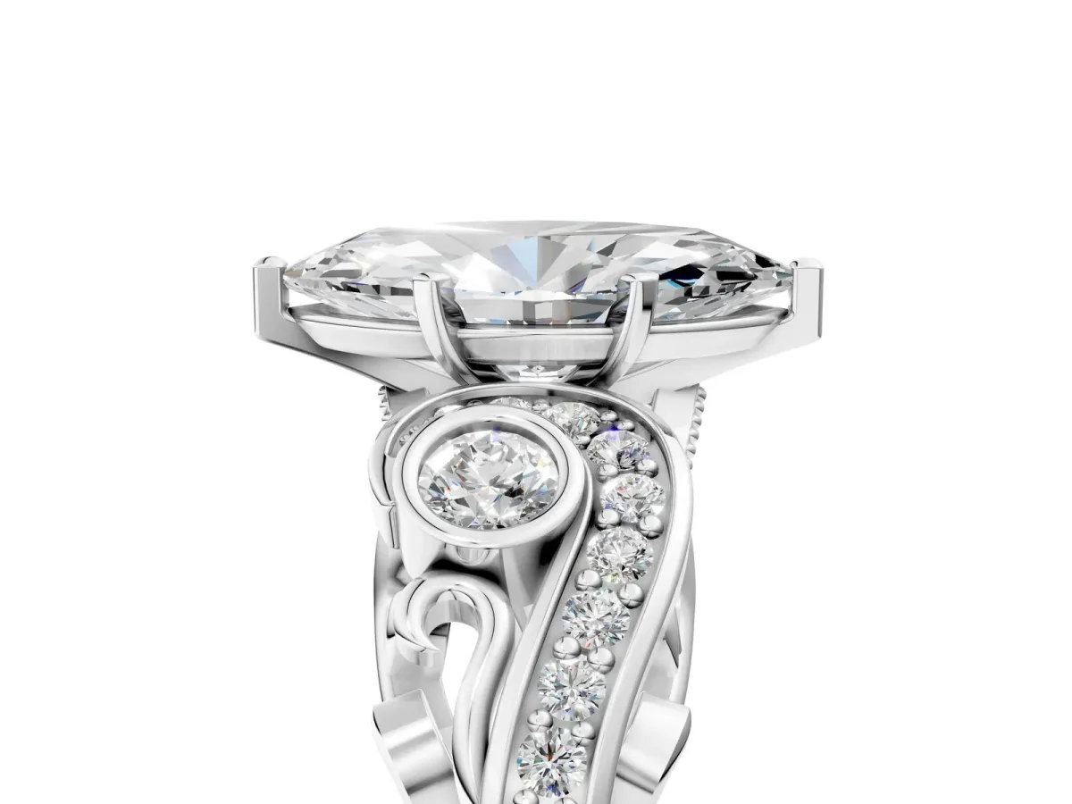 Marquise Cut Diamond Solitaire Ring with Milgrain Pavé Band and Four-Prong Setting Silver