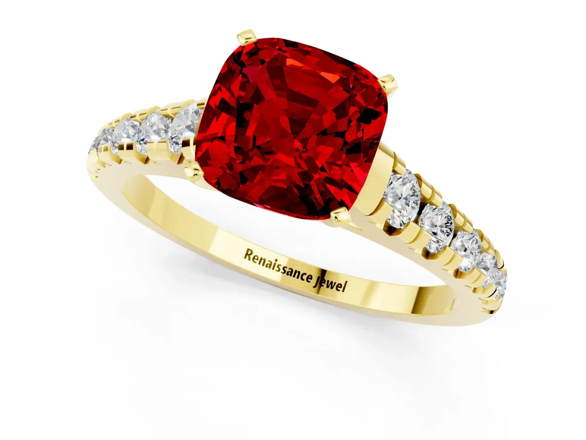 Cushion Cut Ruby Cathedral Solitaire Ring with Round Pavé Band Yellow gold