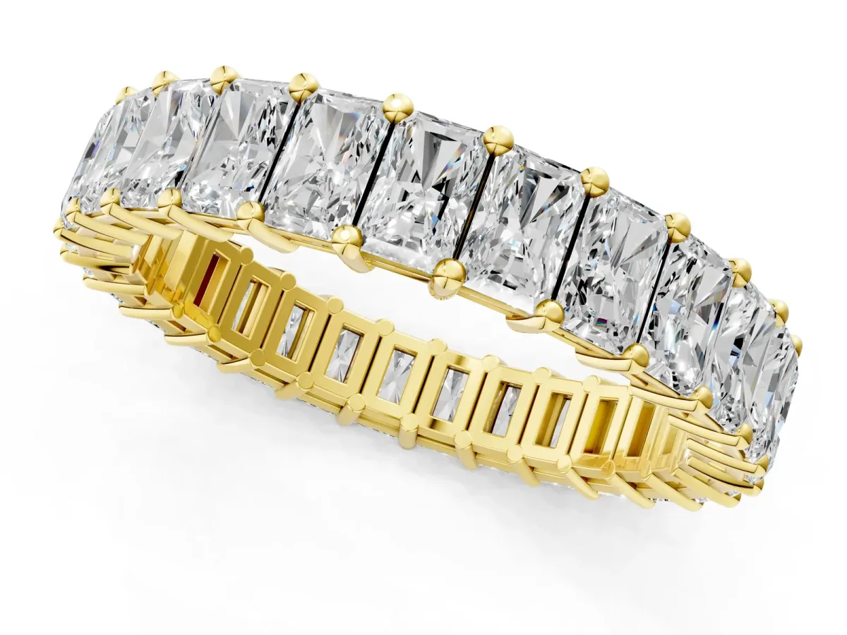 radiant Cut eternity band with shared prong setting Yellow gold
