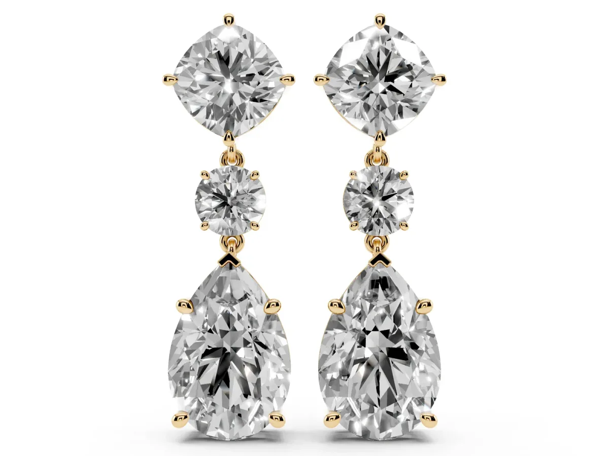 Cushion, Round and Pear Diamond Three-Stone Drop Earrings Yellow gold