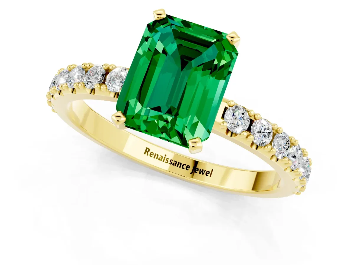 Emerald Cut Emerald Solitaire Pavé Band with Four-Prong Setting Yellow gold