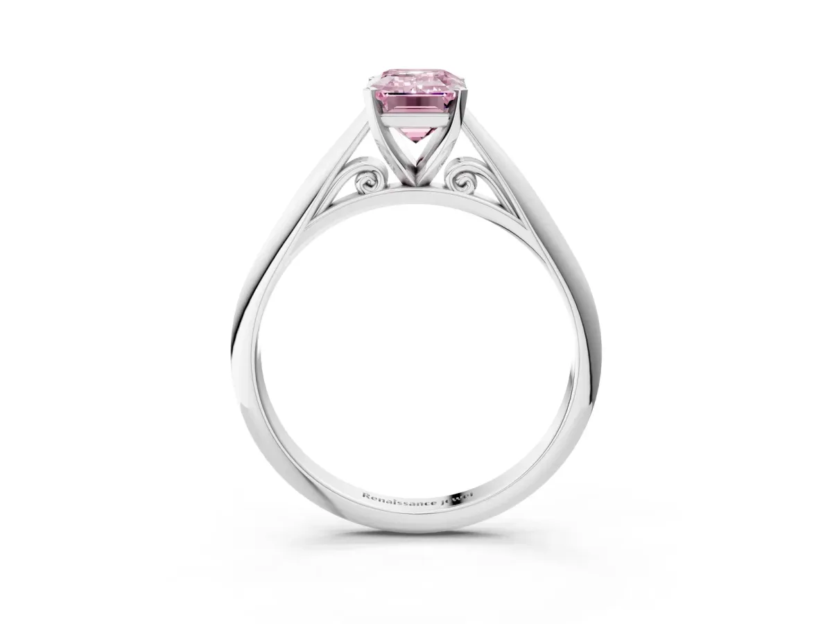 Fancy Pink Emerald Cut Diamond Solitaire Engagement Ring with Cathedral Setting and Four-Prong Mount White gold