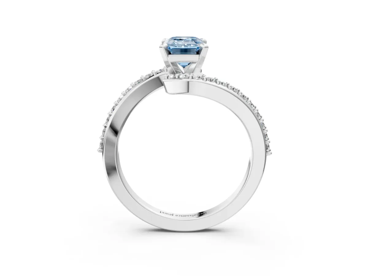 Fancy Blue Emerald Cut Solitaire Twist Band with Pave Set Diamonds and Four-Prong Setting Platinum