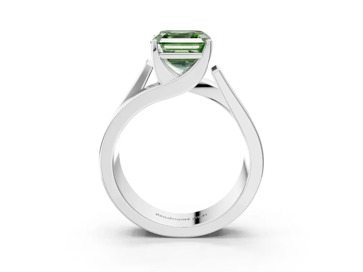 Fancy Green Modern Tension Set Asscher Cut Diamond Solitaire Wide Band Ring Silver