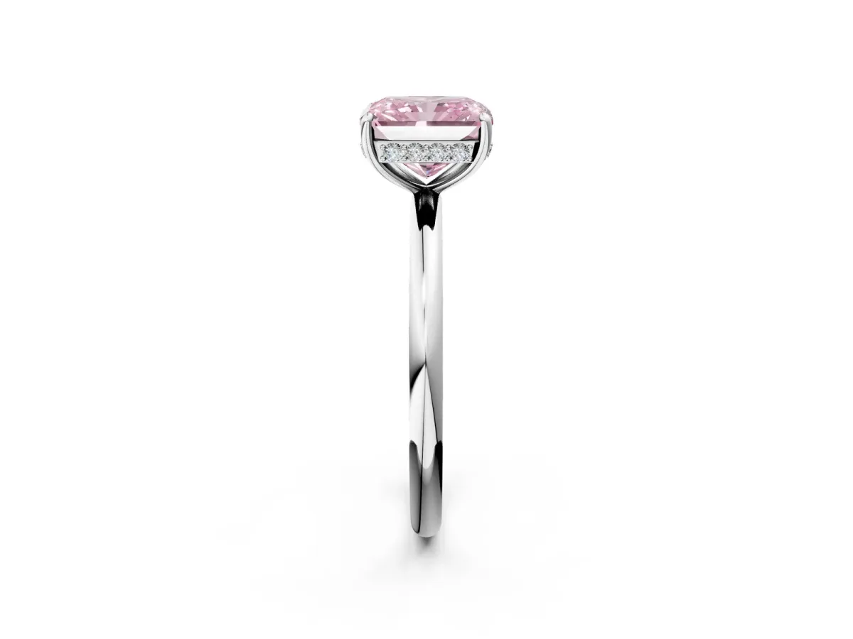 Fancy Pink Radiant Cut Solitaire Diamond Ring with a Classic Band and Four-Prong Setting Platinum