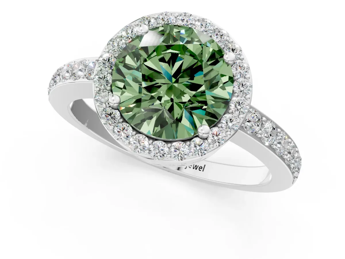 Fancy Green Round Cut Halo Diamond Pavé Band Ring with Prong Setting Platinum