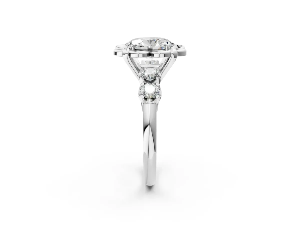 Oval Cut Cut Diamond Floral Halo Engagement Ring with Shared Prong Setting Platinum