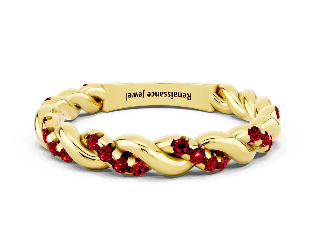 Twisted Pavé Round Ruby Eternity Band Yellow gold