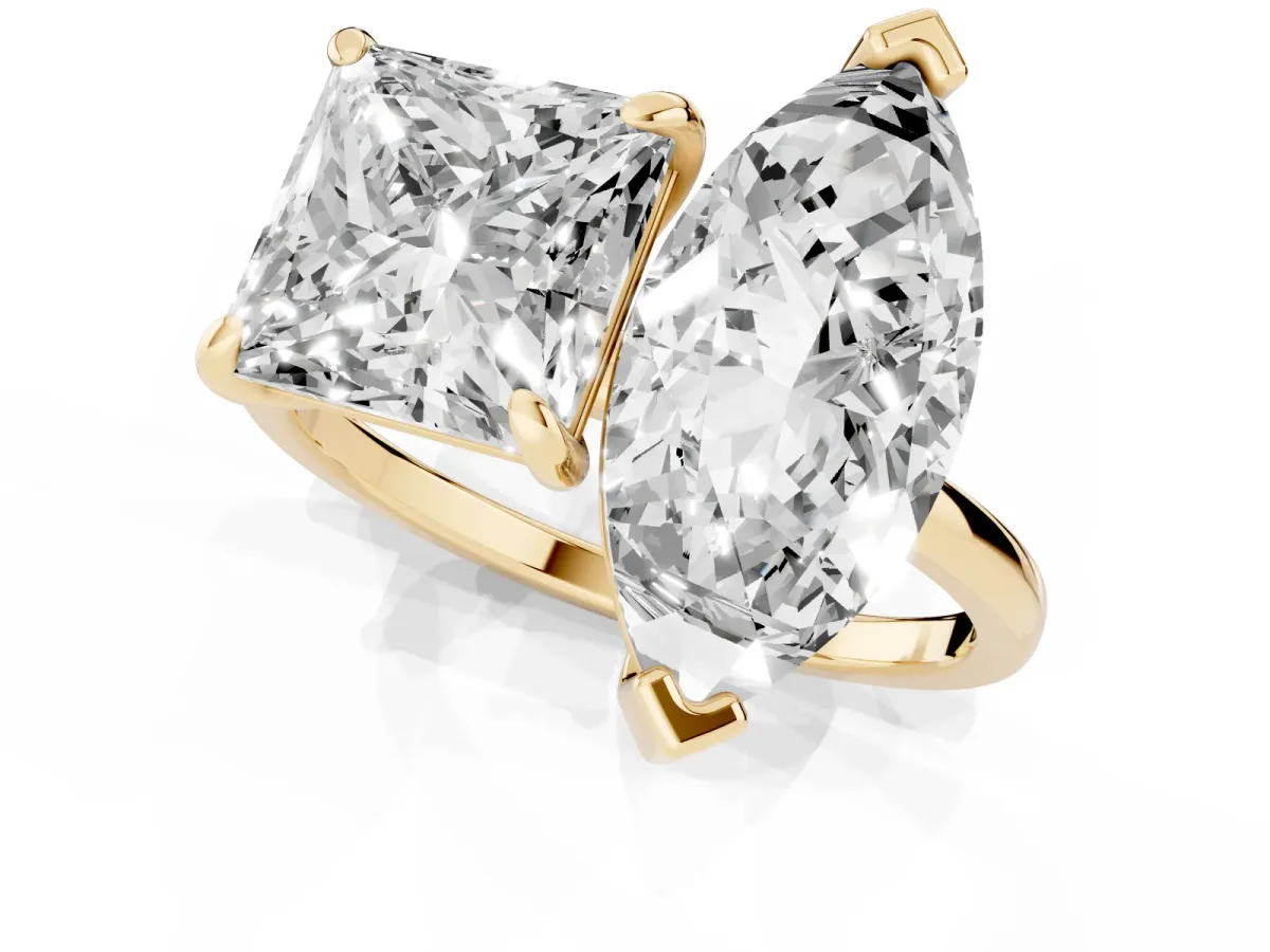 Marquise and Princess Toi Moi Ring with Prong Setting and Plain Band Yellow gold