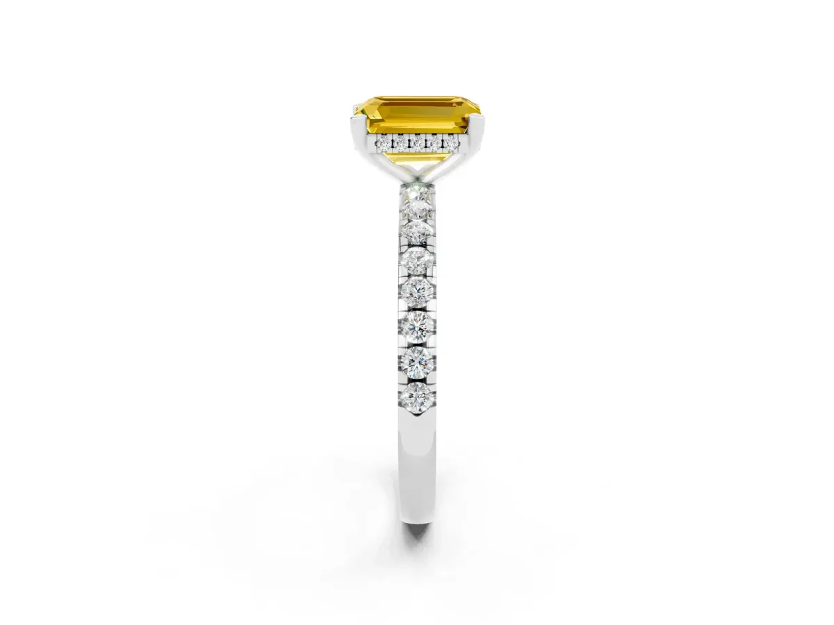 Emerald Cut Yellow Sapphire Solitaire Ring with Round Pavé Band and Four-Prong Setting Silver