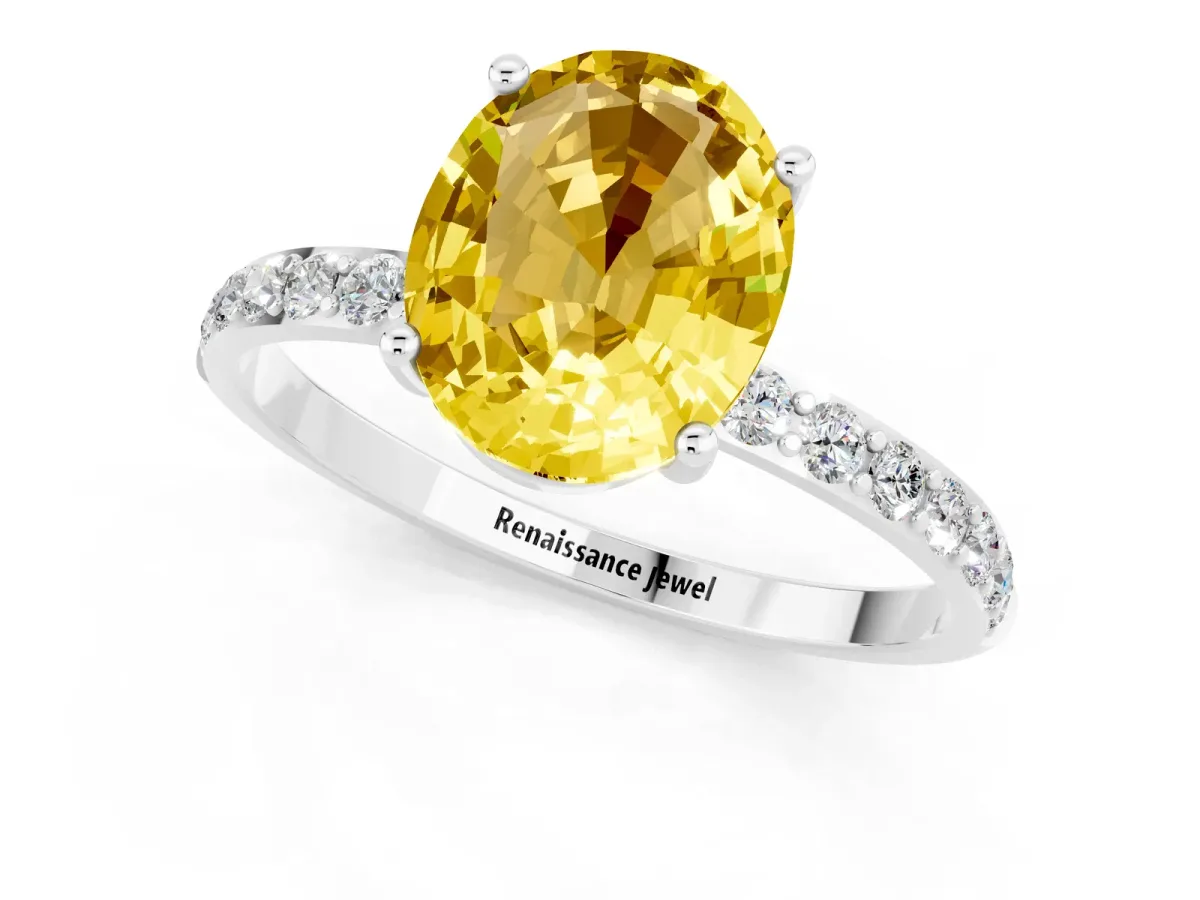 Oval Cut Yellow Sapphire Solitaire Ring with Round Pavé Band and Prong Setting Silver