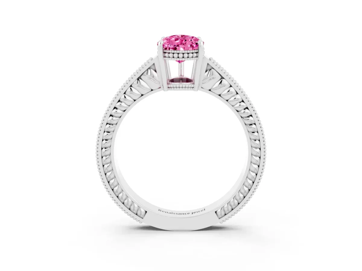 Pear Cut Pink Sapphire Ring with Milgrain Pavé Band and Four-Prong Setting Platinum