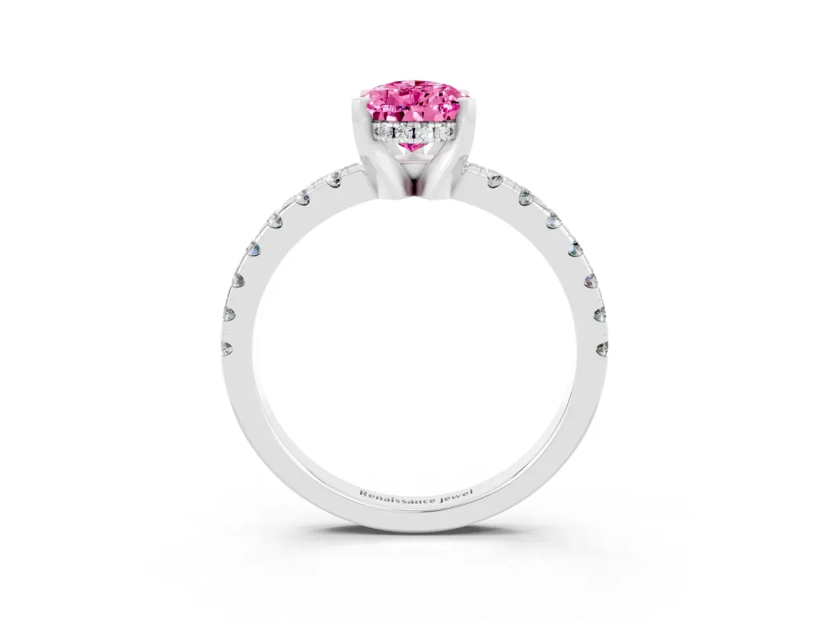 Pear Cut Pink Sapphire Solitaire Ring with Round Pavé Band and Four-Prong Setting Silver