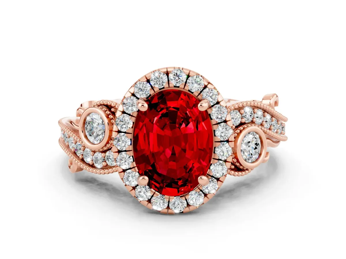 Oval Cut Ruby Halo Ring with Milgrain Pavé Band and Four-Prong Setting Rose gold