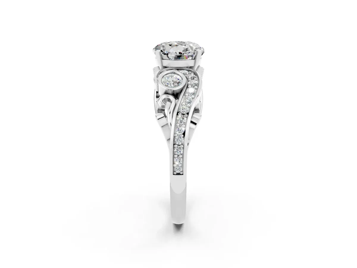 Round Cut Moissanite Solitaire Ring with Milgrain Pavé Band and Four-Prong Setting Silver
