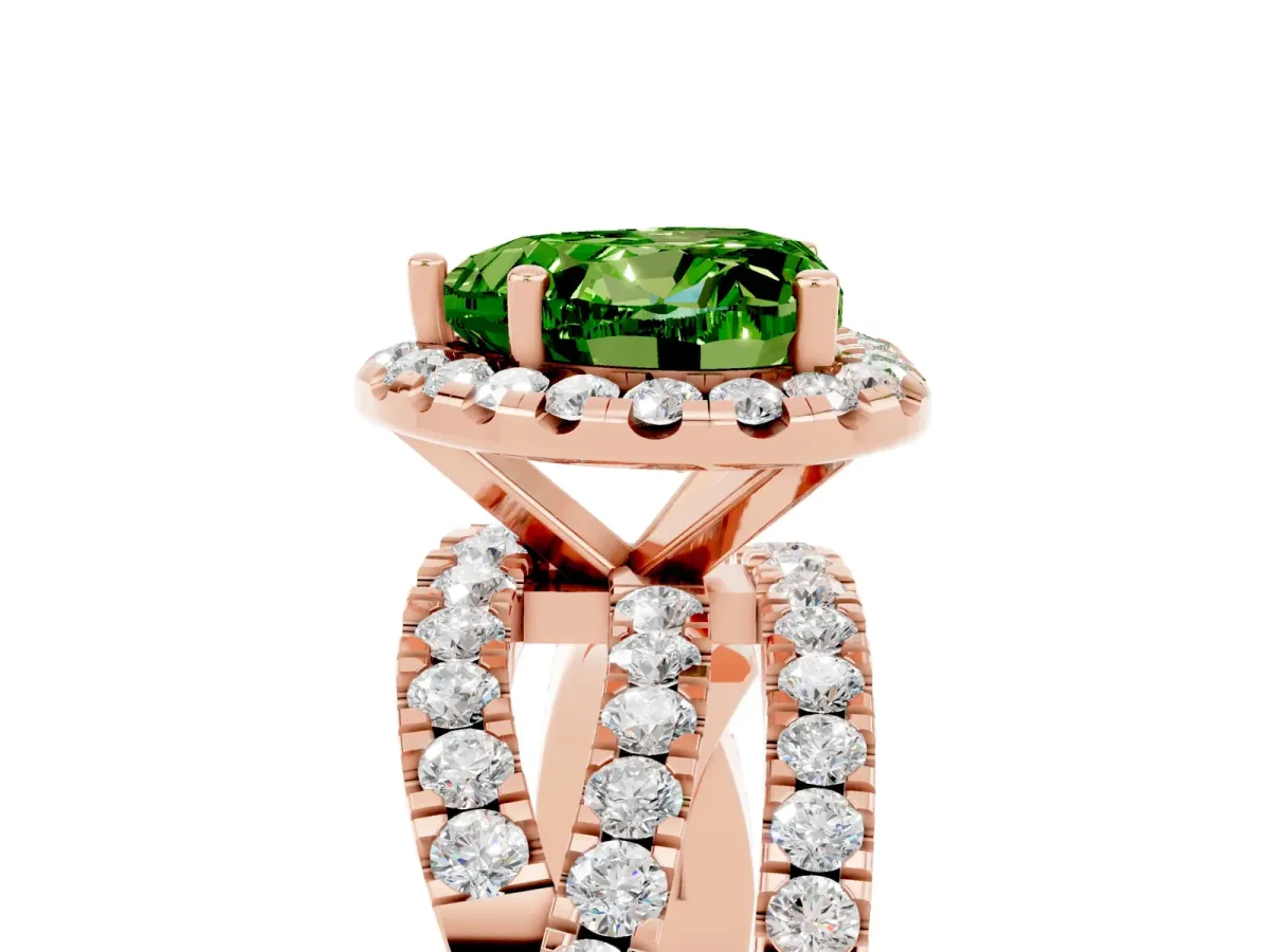 Heart Cut Peridot Halo Ring with Round Split Shank and Prong Setting Rose gold
