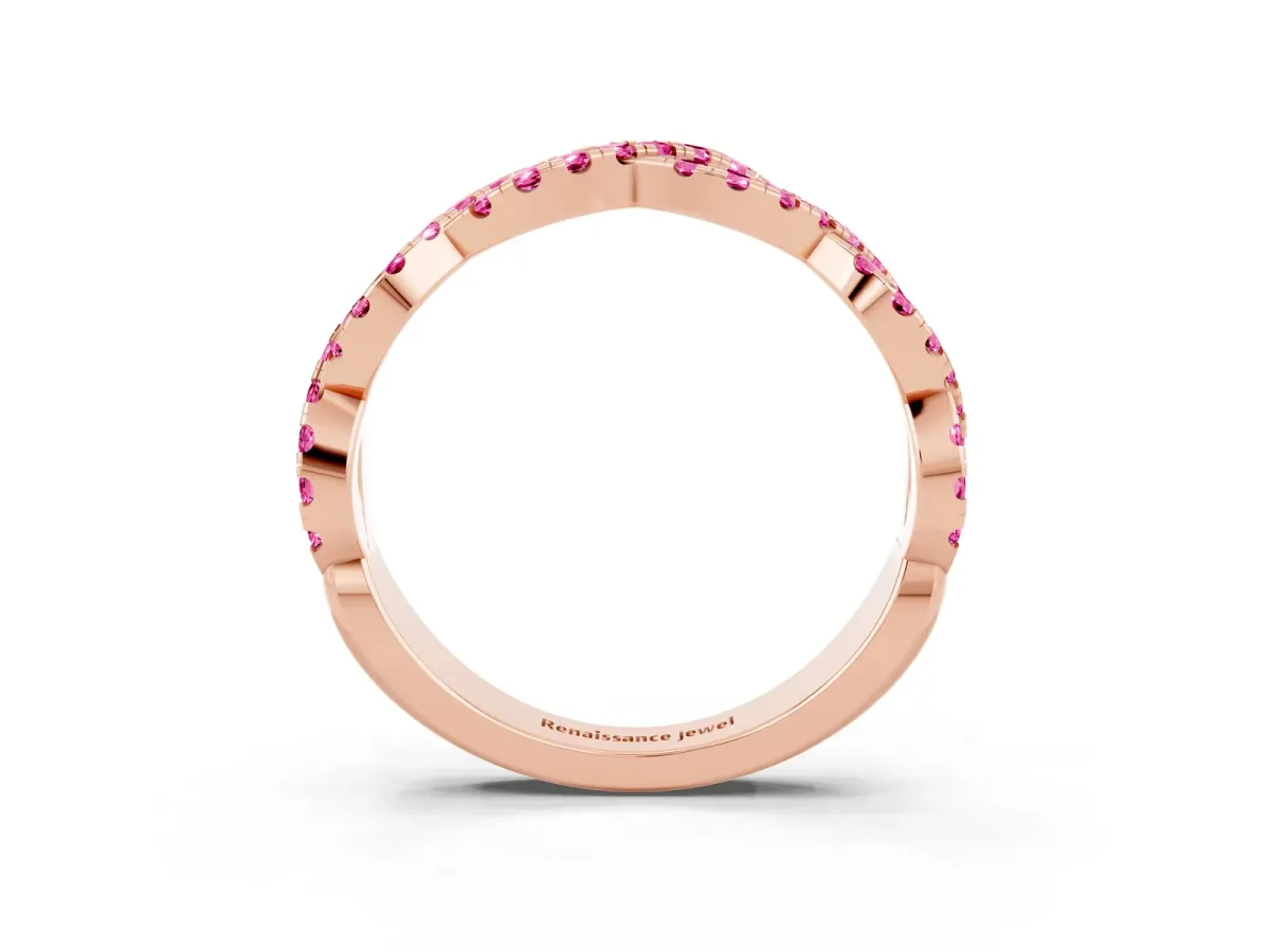 Round Pink Sapphire Twisted Eternity Band with Pavé and Shared Prong Setting Rose gold