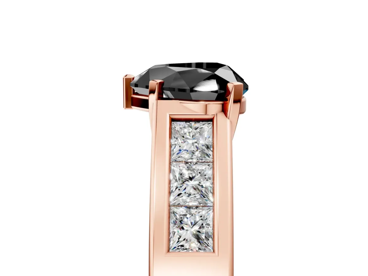 Fancy Black Heart Cut Cut Channel Set Solitaire Ring with Four-Prong Setting Rose gold