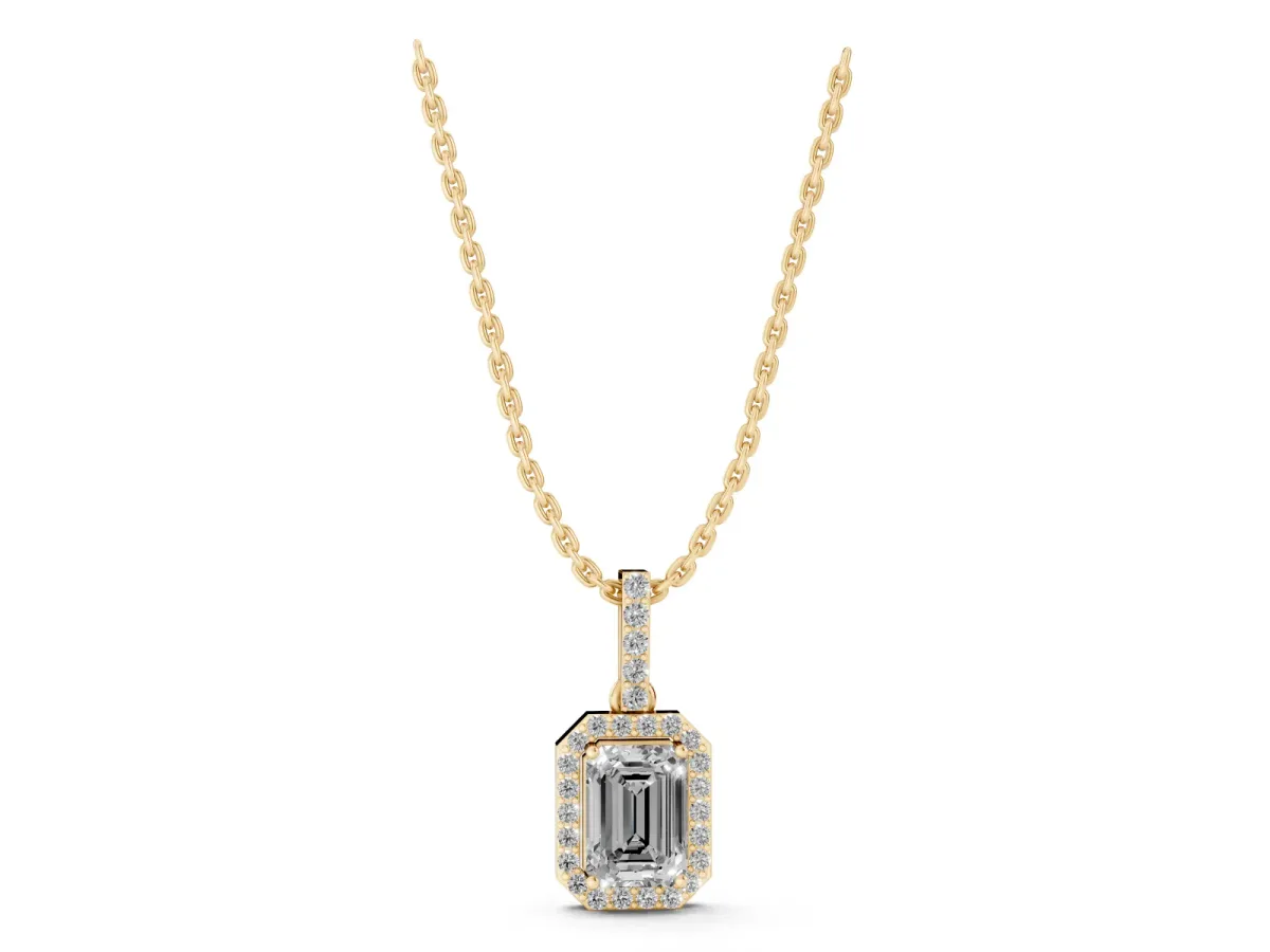 Emerald Cut Halo Diamond Pendant with Prong Setting Yellow gold