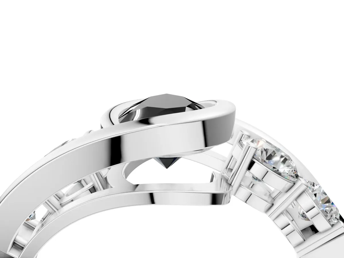 Fancy Black Bezel Set Pear Cut Diamond Bypass Ring with Round Accents Silver